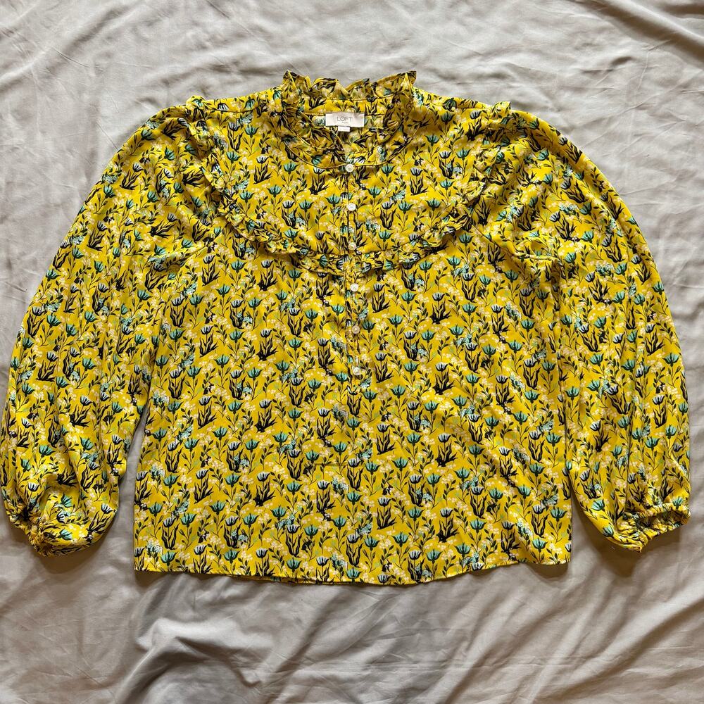 LOFT Outlet Yellow Floral Ruffle Neck Blouse Medium Long Sleeve Boho Cottagecore - Picture 2 of 9